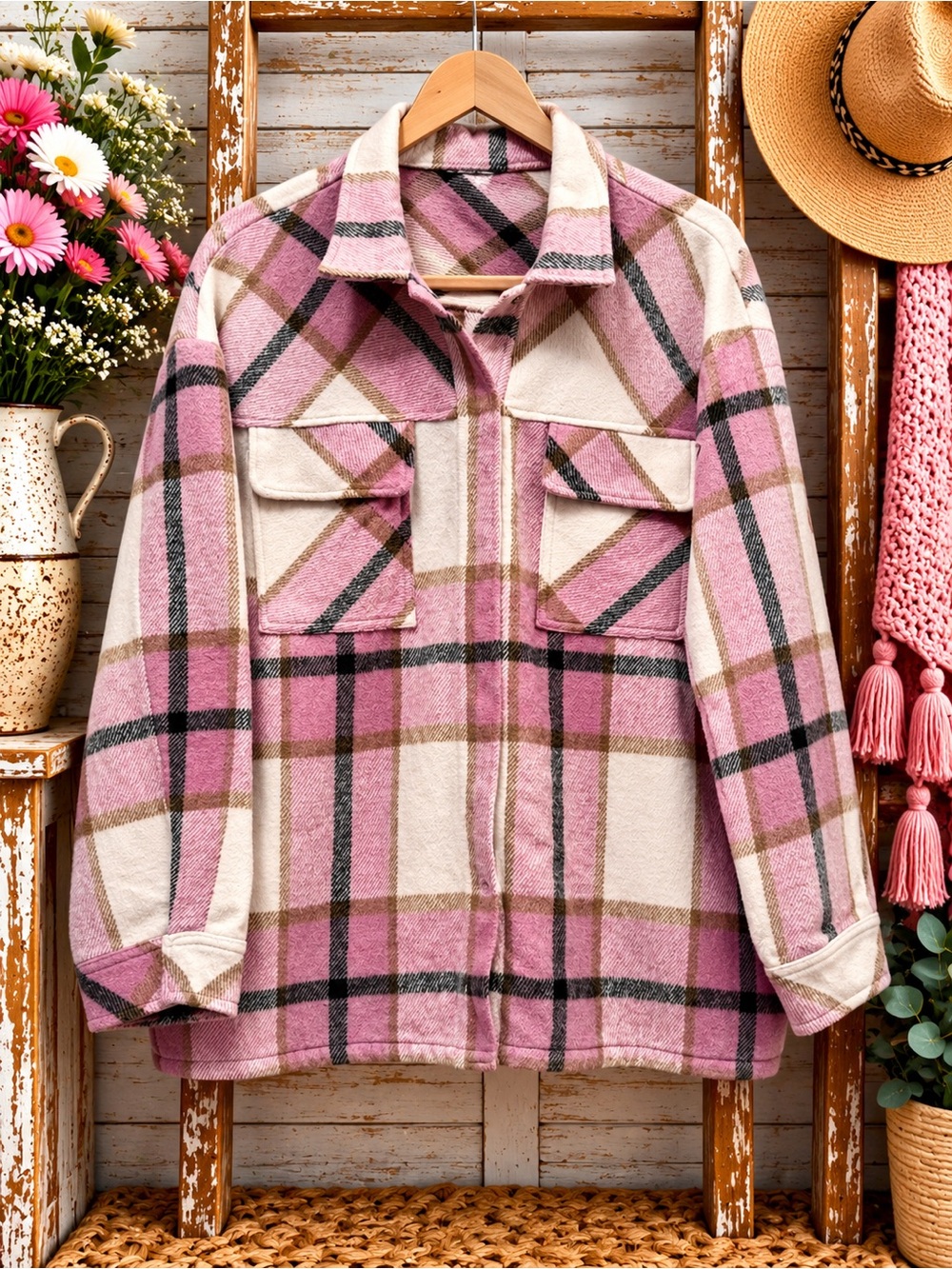 entro Pink and Cream Plaid Button-Down Shacket